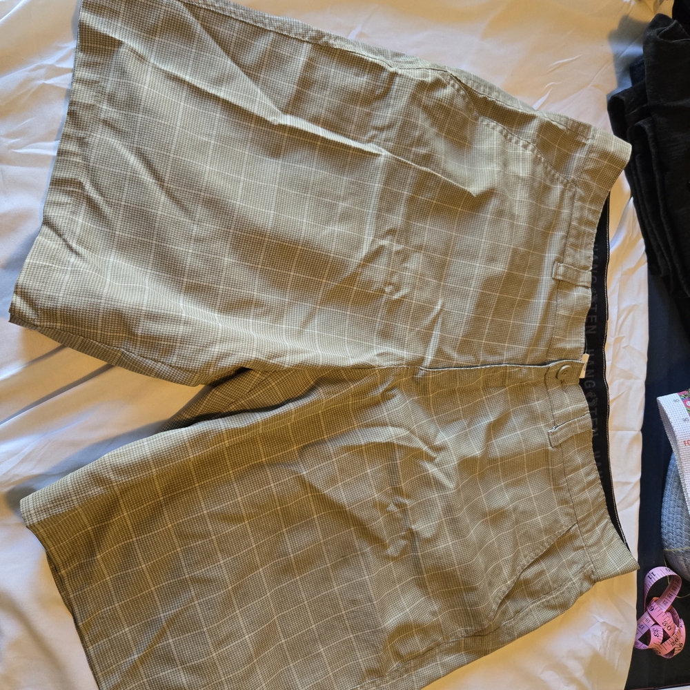 Men's Checkered Tan Flat Front Shorts